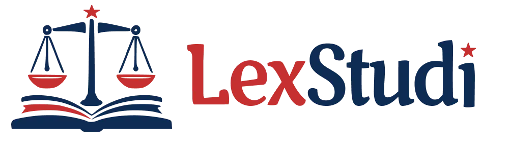 Logotipo oficial da plataforma LexStudi nas cores azul escuro e vermelho, composto pela balança jurídica com uma estrela, um livro aberto e a marca nominal.